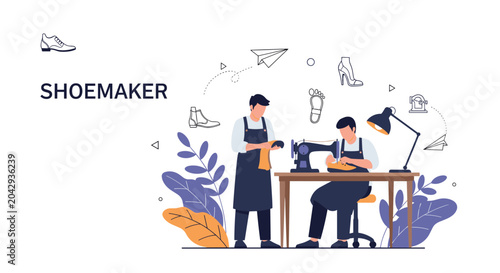 Bild auf Leinwand Professional shoemakers working in a workshop using a sewing machine and traditional tools to create and repair leather footwear illustration