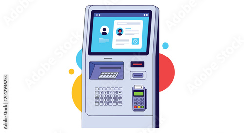 Foto Modern self-service payment terminal or information kiosk with a large touchscreen display and credit card reader interface illustration