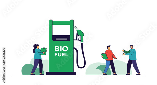Photos People working at a green biofuel station discussing and monitoring the dispensing of eco-friendly alternative fuel for transportation