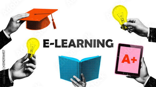Elearning concept with graduation cap and hands holding light bulbs and book