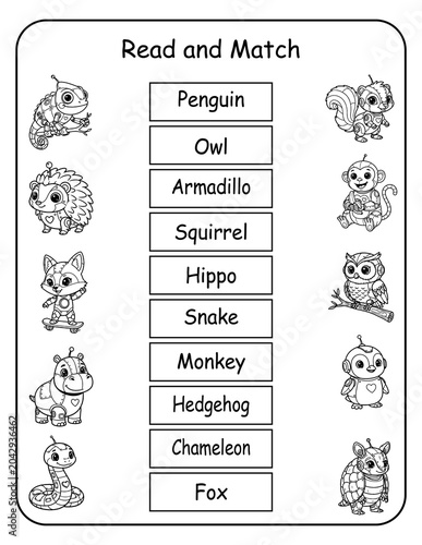 STEM-inspired printable read and match worksheets featuring robot animals for preschool and kindergarten. Kids read each robo animal word and draw a line to its matching picture, building words