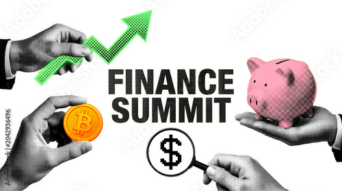 Hands holding bitcoin coin, piggy bank, and magnifying glass with dollar sign near finance summit text isolated on transparent background