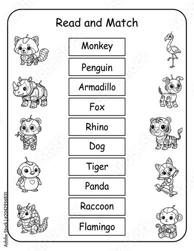 STEM-inspired printable read and match worksheets featuring robot animals for preschool and kindergarten. Kids read each robo animal word and draw a line to its matching picture, building words