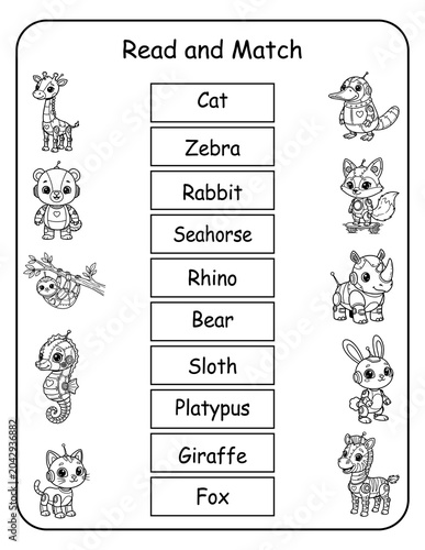 STEM-inspired printable read and match worksheets featuring robot animals for preschool and kindergarten. Kids read each robo animal word and draw a line to its matching picture, building words