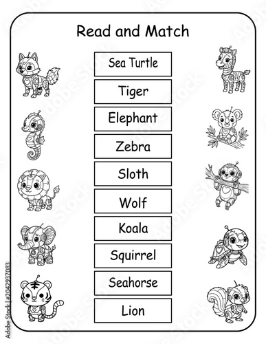 STEM-inspired printable read and match worksheets featuring robot animals for preschool and kindergarten. Kids read each robo animal word and draw a line to its matching picture, building words