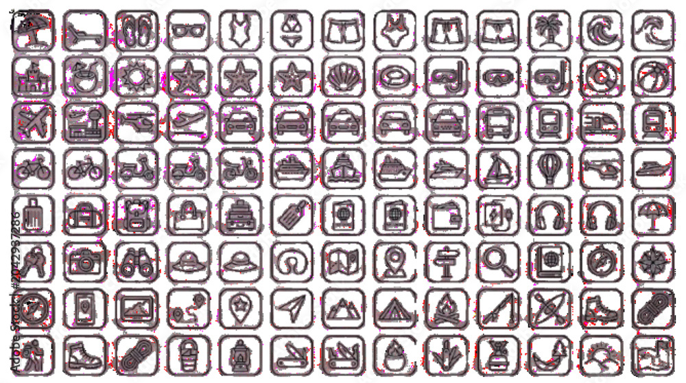 Fototapeta premium caraing summer travel mega icon set, beach vacation, transportation, luggage, navigation and adventure elements, vector line art, black and white, white background