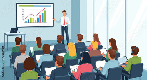 Businessman giving presentation to audience.