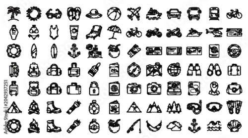 Foto caraing summer travel mega icon set, beach vacation, transportation, luggage, na