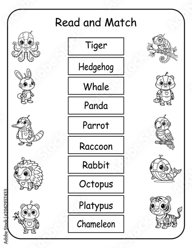 STEM-inspired printable read and match worksheets featuring robot animals for preschool and kindergarten. Kids read each robo animal word and draw a line to its matching picture, building words