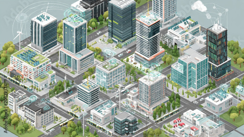 Modern cityscape with glass skyscrapers, green spaces, and vibrant urban environment