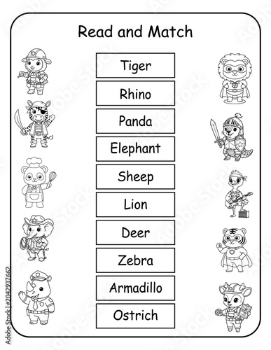 Printable costume animal read and match worksheets for preschool and pre-k learners. Kids read each word and draw a line to the matching dressed-up animal picture, building word recognition