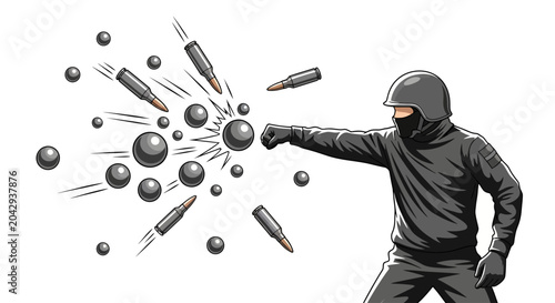 Tableau sur toile Soldier punches bullets and deflecting them with a force shield