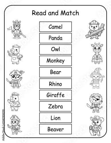 Printable costume animal read and match worksheets for preschool and pre-k learners. Kids read each word and draw a line to the matching dressed-up animal picture, building word recognition