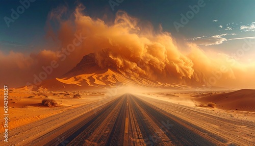 Sunset over burning forest with fiery orange sky.