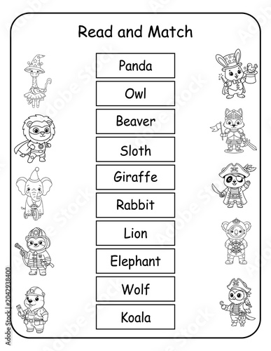 Printable costume animal read and match worksheets for preschool and pre-k learners. Kids read each word and draw a line to the matching dressed-up animal picture, building word recognition