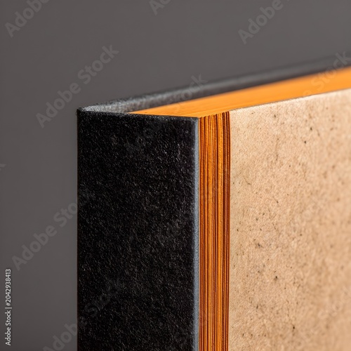 Close-up of vintage book with orange edge and black pages