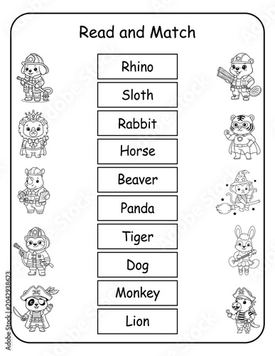 Printable costume animal read and match worksheets for preschool and pre-k learners. Kids read each word and draw a line to the matching dressed-up animal picture, building word recognition