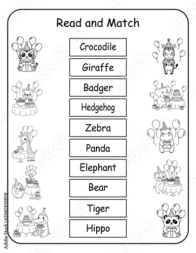 Printable birthday animal read and match worksheets for preschool and kindergarten classrooms. Children read each party animal word and connect it to the correct picture, developing word recognition 
