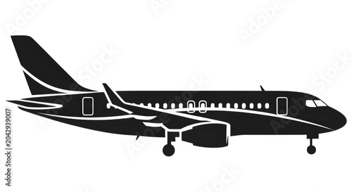 Dark gray passenger airplane with landing gear showing isolated on transparent background