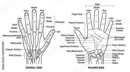 Konstfotografi Anatomy of the Human Hand: Dorsal and Palmar Views with Labels