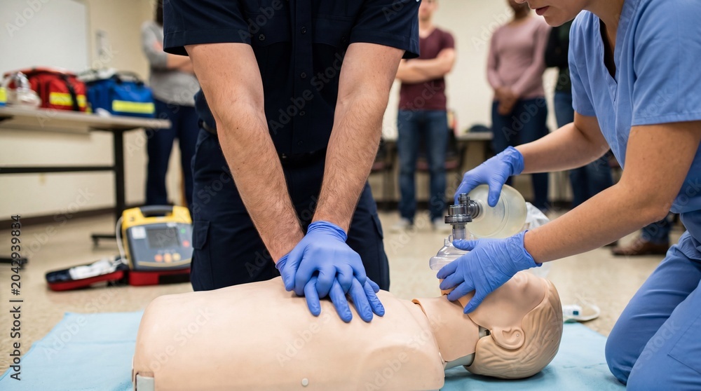 Obraz premium CPR Training: A close-up view of a CPR training session where individuals practice chest compressions and rescue breaths on a mannequin.