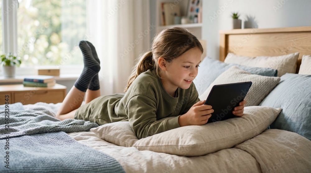 Fototapeta premium Young Girl Enjoying Tablet in Bed: A cheerful young girl with a ponytail, wearing a green long-sleeved shirt and dark socks, lies on a comfortable bed, engrossed in her tablet, bathed in soft.