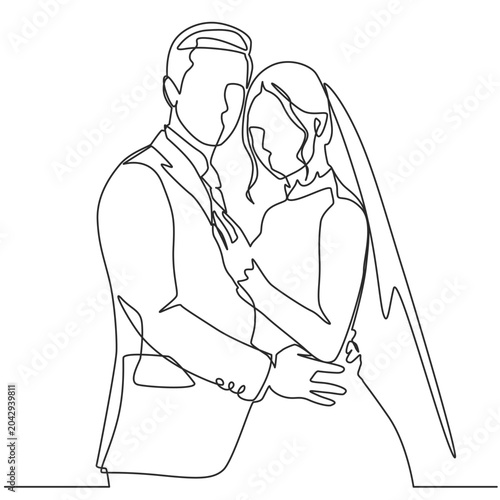 Wedding Couple Continuous Line Art – Bride and Groom Portrait, Minimalist One Line Drawing Vector Illustration