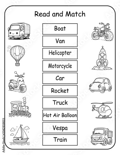 Printable transportation read and match worksheets for preschool and kindergarten classrooms. Children read each vehicle word and connect it to the correct picture, developing word recognition