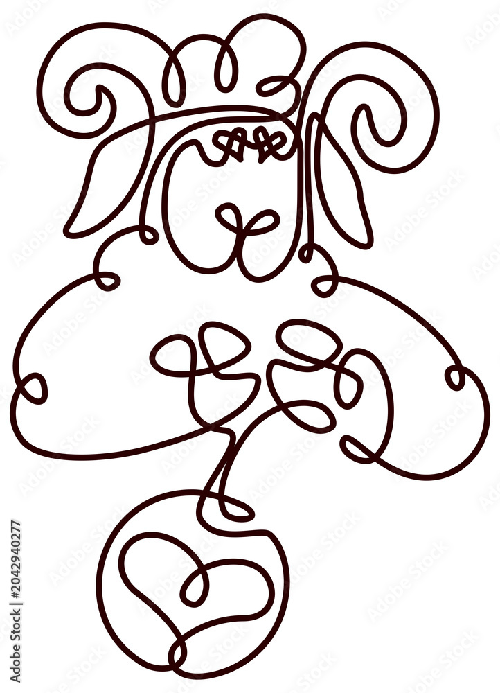 Naklejka premium ram with a ball of wool Continuous line ram with heart yarn ball logo, minimalist one line art for handmade wool brand.