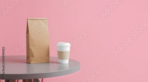 Minimalist composition featuring a paper bag and coffee cup on a round table against a pink backdrop.