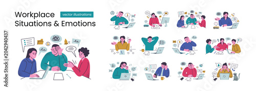 Workplace situations and emotions vector illustration set, flat cartoon office characters with stress, overwhelm, deadline pressure. Employees with laptops, burnout, multitasking and work distractions
