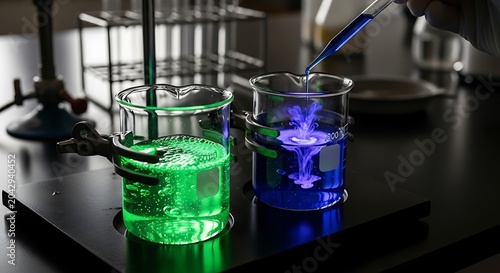Chemistry laboratory beakers with vibrant green and blue glowing chemical liquids being mixed during a professional scientific research experiment