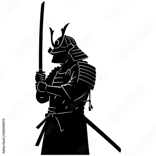 Samurai warrior with katana sword silhouette illustration isolated on transparent background
