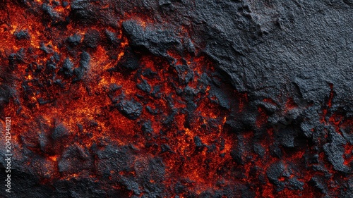 Lava flows over rocky surface creating bright orange and black patterns during volcanic activity in a remote area at night