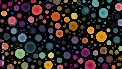Colorful circles fill the dark background, showcasing various sizes and shades, creating a visually striking artwork that draws attention and evokes curiosity
