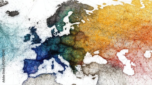 Visualization of connections across Europe with a network of lines showing various points and links in different colors representing data flow at different times