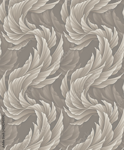 Seamless sophisticated greige and sepia grey abstract texture featuring elegant organic feather structures and refined technical line design