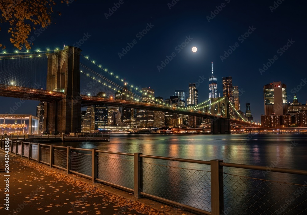 Fototapeta premium Brooklyn bridge and new york city skyline at night with a bright full moon reflecting in the east river water