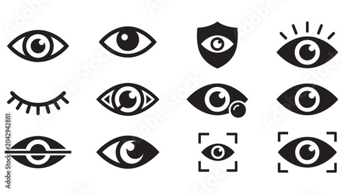 Minimalist Eye Icon Set, Black Vision and Surveillance Symbols, Abstract Security and Biometric Scan Elements Collection