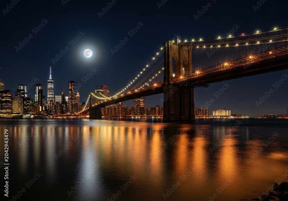 Fototapeta premium Brooklyn bridge and new york city skyline at night with a bright full moon reflecting in the river water