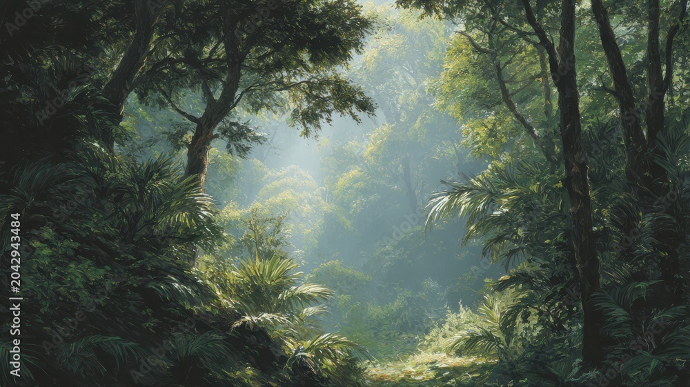Obraz premium Bright sunlight shines through trees in a dense forest with lush greenery and plants in the undergrowth