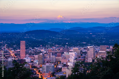 Twilight View of Downtown Portland Oregon with Mount Hood and City Lights