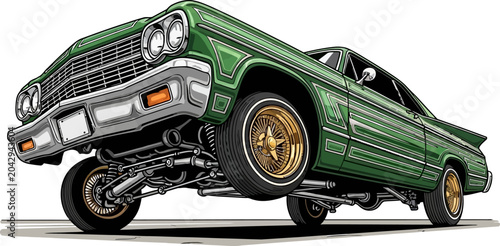 Green Classic Lowrider Hopping Vector Illustration Low Angle