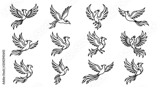 Tableau sur toile Mythical Phoenix Bird Vector Icons Set, Fiery Creature Illustrations, Majestic B
