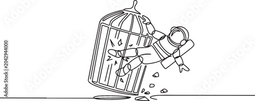 Quadro em tela Single one line drawing astronaut trapped in the cage kick the caged until wrecked