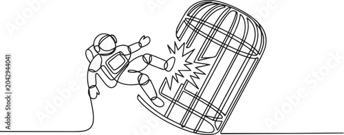 Valokuva Single one line drawing astronaut trapped in the cage kick the caged until wrecked