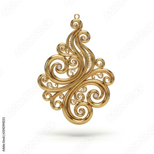 Ornate golden jewelry pendant with intricate swirl patterns and small embedded diamonds