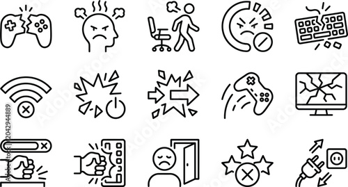 Valokuva frustration icons set line art gamepad angry face