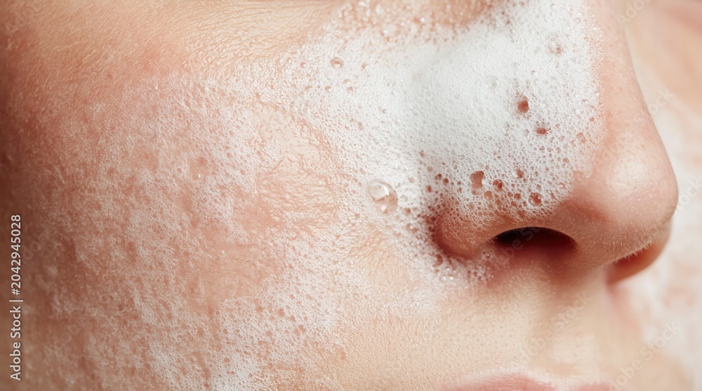 Fototapeta premium Skincare routine of a woman using foam for facial cleansing and beauty face wash