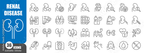 Quadro su tela Renal disease with hemodialysis and kidney transplant thin line icons set